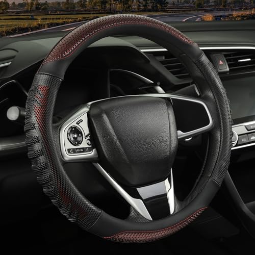 3D Steering Wheel Cover Great Grip with 3D Honeycomb Hole, Anti-Slip Sporty Design, Universal 15 inch(Black with Burgundy) - color: Black with Burgundy, size: Round-Middle[14.5''-15'']