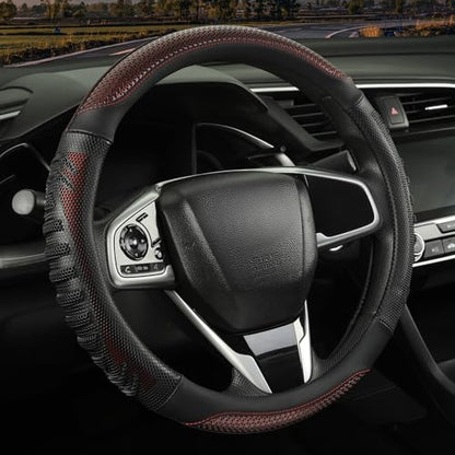 3D Steering Wheel Cover Great Grip with 3D Honeycomb Hole, Anti-Slip Sporty Design, Universal 15 inch(Black with Burgundy) - color: Black with Burgundy, size: Round-Middle[14.5''-15'']