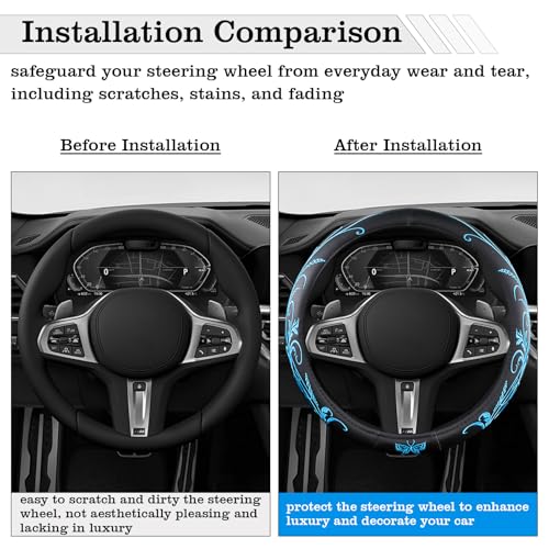 Car Leather Steering Wheel Cover - Panapi Material, Universal 14.5-15 Inch Leather Anti-Slip Breathable Auto Steering Wheel Covers for Men Women (Embroidery-Blue) - color: Embroidery-Blue