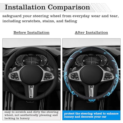 Car Leather Steering Wheel Cover - Panapi Material, Universal 14.5-15 Inch Leather Anti-Slip Breathable Auto Steering Wheel Covers for Men Women (Embroidery-Blue) - color: Embroidery-Blue