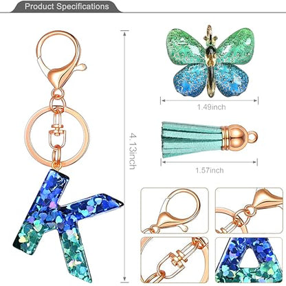 JINGUAZI Initial letter Keychains for Women Tassel Butterfly Pink Purple Cute Car Keychain for Wallet Backpack bag charm - color: K-blue Green