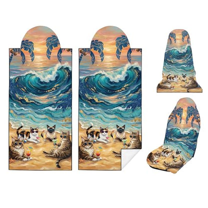 2 Pack Car Seat Towel Covers, Sweat-Proof Microfiber Seat Protectors for Gym, Running, Beach & Workout, Breathable Quick-Dry, Machine Washable, Ocean Cat Beach Print, Universal Fit - color: Ocean Cat Beach