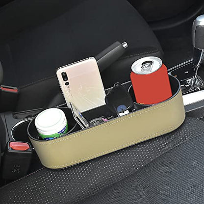Car Cup Holder, Auto Front Seat Organizer, Multifunctional Cup Drink Holders with PU Leather Cover, Gap Filler Storage Box Coin Bucket Console Side Pocket Cell Mobile Phone Holder(Slim-Beige)