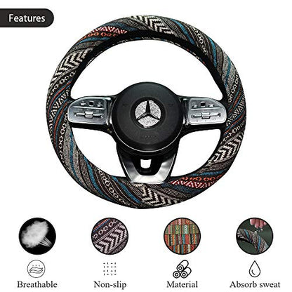 Universal 15inch Ethnic Style Baja Blanket Steering Wheel Cover with Coarse Flax Cloth and Sweat Absorption Anti Slip Car Wrap (Boho Dark) - style: Boho Dark