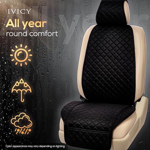 IVICY Faux Linen Front Car Seat Cover – Non-Slip Bucket Seat Protector for Most Cars, SUVs, Vans & Trucks – 1 Seat Cover, Machine Washable, Side-Airbag Friendly, Black - color: BLACK HYB LN