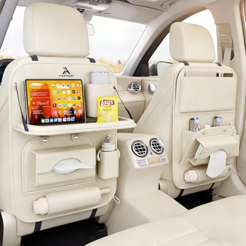 Universal Premium Leather Foldable Car Backseat Organizer with Table Tray, Car Seat Back Protector with Garbage Bag Touch Screen Pad Holder, Car Kick Mats Protector with Tissue Holder (Beige) - color: Beige, size: 1 Pack