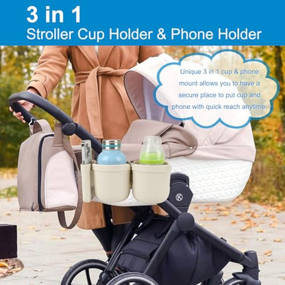 Accmor Stroller Cup Holder with Phone Holder, Bike Cup Holder, Universal Cup Holder for Uppababy Nuna Doona Strollers, 2-in-1 Cup Holder for Walker, Wheelchair, Scooter - color: Double Holder-All Off White