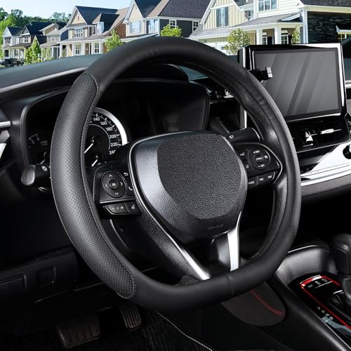 SEG Direct D Shaped Steering Wheel Cover for 14.5-15 inch Flat Bottom Wheels, Breathable Perforated Microfiber Leather, Anti-Slip Grip, Universal Fit for Cars & SUVs, Black - color: Black, size: D-shaped