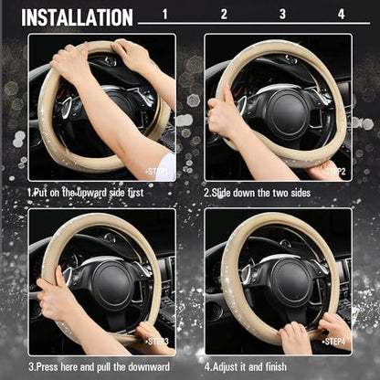 CAR PASS Bling Diamond Beige Leather Steering Wheel Cover, White Sparkly Crystal Glitter Rhinestones Universal Fit 14" 1/2-15" Car Wheel Protector for Women Girl Fit Suvs,Vans,Sedans,Trucks, Beige - color: Beige Leather