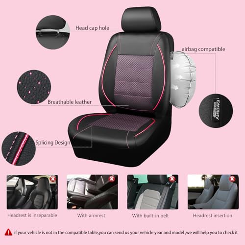 CAR PASS Piping PU Leather Car Seat Cover Full Set,Inside Zipper Design and Reserved Opening Holes，Airbag Compatible,Universal FIT for Car, SUVs,Van,Trucks（Full Set, Black & Pink） - color: Black and Pink