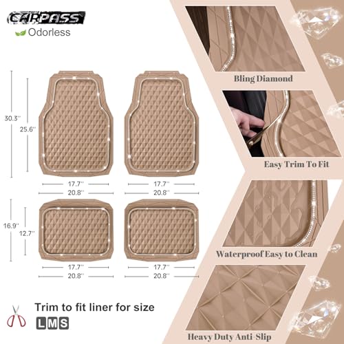 CAR PASS Bling Diamond Rubber Car Mats, Heavy Duty Deep Dish All-Weather Floor Mat Full Set Anti-Slip 3D Rhombus Waterproof Trim Fit Liner Universal Glitter Sparkly Shining Rhinestone, Beige Rubber - color: Beige Diamond
