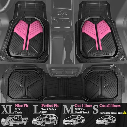 CAR PASS Heavy Duty Rubber Car Mats, Deep Dish Car Floor Mats All Weather, Car Mats Full Set 3-Piece Trim to Fit for Sedans SUVs Trucks,Women Waterproof Anti-Slip Automotive Mats, V12 Black and Pink - color: Pink and Black