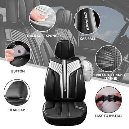 CAR PASS Nappa Leather Seat Covers, Breathable Waterproof Car Seat Covers Full Set, Luxury Leather Front and Back Seats Full Coverage, Universal Fit SUV Pick-up Truck Sedan Automotive(Black Sliver) - color: Black Silver, size: Full Set Full Coverage