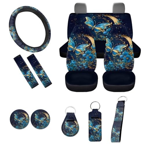 11Pcs Butterfly Car Accessory Interior Full Sets Blue Moon Butterfly Car Seat Covers Auto Seat Protection with 15Inch Neoprene Steering Wheel Cover Seatbelt Pads Keychain Seatbelt Pad - color: Blue Butterfly
