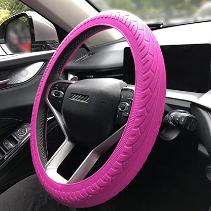 Universal Pink Steering Wheel Cover：13.5 to 15 Inches Stretchable Silicone Anti Skid Steering Wheel Protector Fit for Most Car Models Including Round D Shape or Special Shape - color: Pink