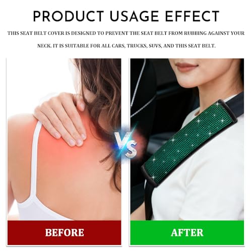 2PCS Bling Seat Belt Covers, Seat Belt Cover Pad, Car Seatbelt Shoulder Pads with Rhinestone, Auto Accessories Comfortable Automotive Neck Shoulder Mat Cushion for Car Truck SUV (Green) - color: Green