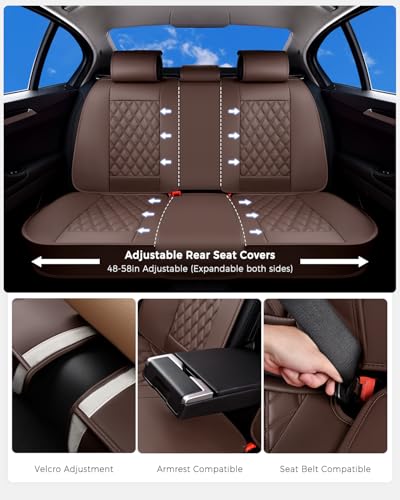 Huidasource Coffee Back Seat Cover, Nappa Leather Rear Seat Cover Velcro Adjustable, Compatible with Seat Belts, Child Safety Seats, Universal Fit for Most Cars SUVs Trucks (Back Row/Coffee) - color: 01R# Coffee, size: Back Seat Cover