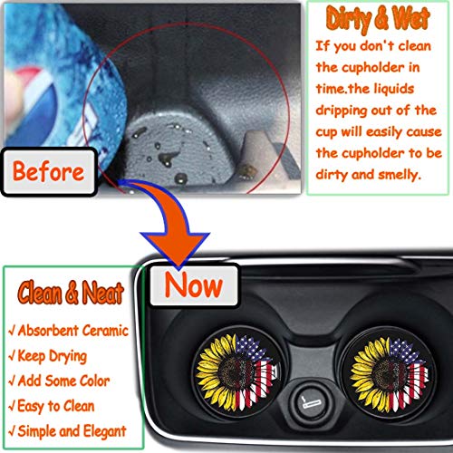 Sunflower & USA Flag 2.56" Car Coasters 2-Pack - Absorbent Ceramic Auto Coasters for Cup Holders, Keeps Your Car Clean & Dry - color: Sunflower and Usa Flag