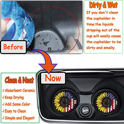 Sunflower & USA Flag 2.56" Car Coasters 2-Pack - Absorbent Ceramic Auto Coasters for Cup Holders, Keeps Your Car Clean & Dry - color: Sunflower and Usa Flag
