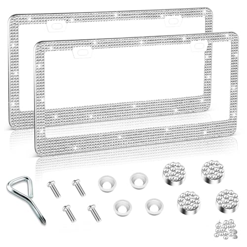 Amiss Bling License Plate Frame for Women, 2Pack Rhinestone Handcrafted Crystal Premium Stainless Steel, Stainless Steel Car Accessories with Diamond Sparkle Glitter Caps (White) - color: White, size: 2pc