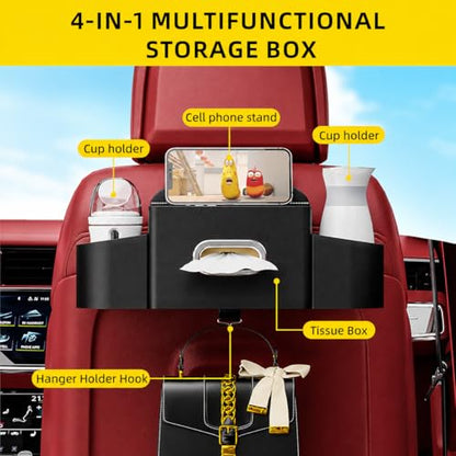 Back Seat Car Organizer with One Towel Leather Wood Materials Car Back Seat Storage Box 2 Drink Cup Holder Tissue Box for Hold Phone Drinks Handbag Compatible with Most Vehicles (Black)