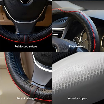 LABBYWAY Microfiber Leather Steering Wheel Cover, Universal 14.5-15 Inch,Anti Slip,Heavy Duty, Thick,Soft,Breathable Car Interior Accessories for Men Women (Black with Red line) - color: Black with Red Line