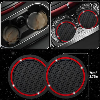 NBTEPEM 6 PCS Bling Car Accessories Set, Leather Steering Wheel Covers Universal 14.5-15 inch, Center Console Cover, Seat Belt Cushion, Cup Holder Coaster (Red) - color: Red