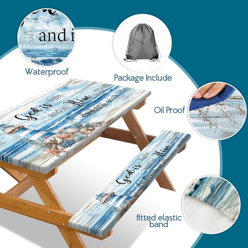 Nautical Lighthouse Beach Picnic Table Cover with Bench Covers Waterproof Windproof Elastic Fitted Outdoor Camping RV Tablecloths with Drawstring Bag Reusable Rectangle Tables and Seats Cover 30X96IN - color: Blue, size: 30" x 96" (Rectangular)
