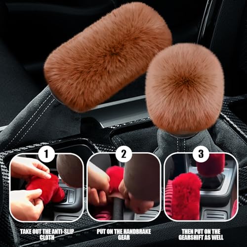 2PCS Plush Car Gear Shift Knob Cover & Handbrake Cover, Shift Knob Protector, Soft Fluffy Gear Handbrake Protective Sleeves, Shifter Lever Brake Handle Warm Plush Set for Cars (Yellow) - color: Yellow