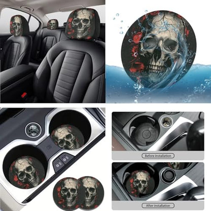 Skull Rose Printed 15 Pcs Car Interior Covers Set, Car Accessories Set Front Rear Car Seat Covers with Steering Wheel Cover Seat Belt Covers Car Headrest Cover Car Coaster - color: Black and Red-Skull Rose