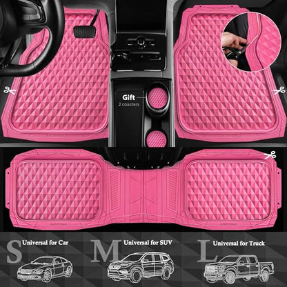 CAR PASS Heavy Duty Rubber Pink Car Floor Mats, Deep Dish All-Weather Full Set Durable Anti-Slip 3D Rhombus Waterproof Trim to Fit Liner Universal Fit Automotive,Sedan,SUV,Truck, 3 Pcs Hot Pink - color: hot pink