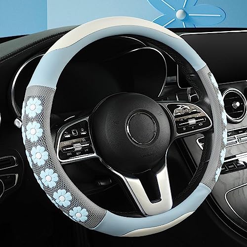 Car Steering Wheel Cover for Women Cute Flower Blue Steering Wheel Cover Leather Non-Slip Fit 15 inch - color: Blue