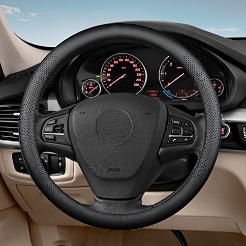 Car Steering Wheel Cover,Universal 15 Inch Premium Leather Car Steering Wheel Cover,Best Grip,Perforated Design,Breathable,Non-Slip,Sweat-Absorbent,Warm in Winter and Cool in Summer (Black) - color: Black