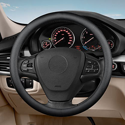 Car Steering Wheel Cover,Universal 15 Inch Premium Leather Car Steering Wheel Cover,Best Grip,Perforated Design,Breathable,Non-Slip,Sweat-Absorbent,Warm in Winter and Cool in Summer (Black) - color: Black