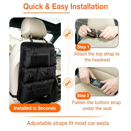 Tactical Car Seat Back Organizer, 600D Nylon MOLLE Seat Organizer with 6 Pockets, Hook and Loop Panel, Universal Fit for Car SUV Truck Jeep, Black