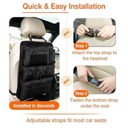 Tactical Car Seat Back Organizer, 600D Nylon MOLLE Seat Organizer with 6 Pockets, Hook and Loop Panel, Universal Fit for Car SUV Truck Jeep, Black