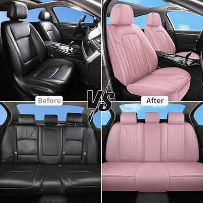 Car Seat Covers Full Set,5 Seat Leather Seat Covers for Cars,Pink Front Seats and Back Seat Cover,Waterproof Car Seat Cushion Protectors,Universal Fit for Most Cars SUV Trucks - color: Pink