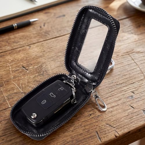 Car Key Case, Universal Leather Key Fob Holder with Metal Hook & Window for Cars Keychain, Remote Keys Fobs