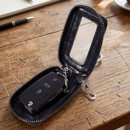 Car Key Case, Universal Leather Key Fob Holder with Metal Hook & Window for Cars Keychain, Remote Keys Fobs
