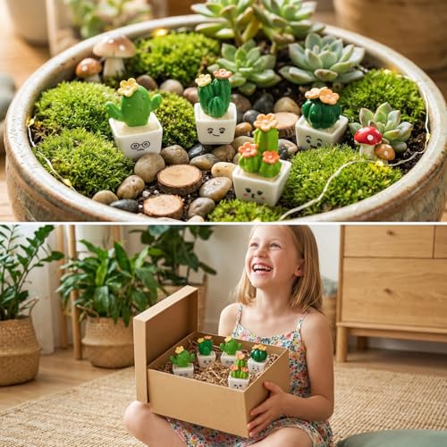 4 Pcs Mini Resin Cactus Figurines, Cute Car Dashboard Decor & Funny Rearview Mirror Ornaments, Fairy Garden Landscape Decor, Unique Gift for Succulent Lovers (Green Emotion Plants)