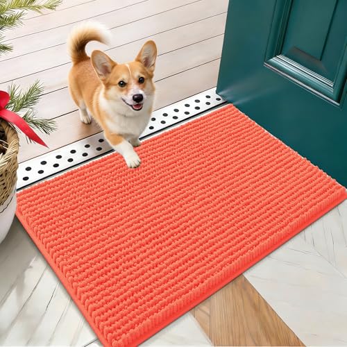 OLANLY Dog Door Mat for Muddy Paws 24x16, Ultra Absorbent Chenille Mud Doormat, Non-Slip Washable and Dirt Trapping Doormat for Indoor Entryway, Quick-Dry Indoor Pet Bed Mats for Dogs, Coral - color: Coral, size: 24" X 16"