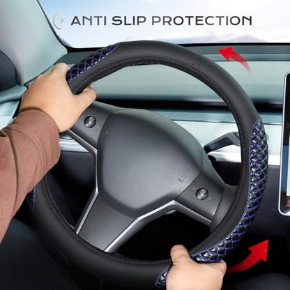 Coverado Car Steering Wheel Cover, Nappa Leather Black & Blueline Steering Wheel Covers, Universal 14-15 inch, Anti-Slip, Breathable Steering Wheel Protector for Women Men - color: C-Blue