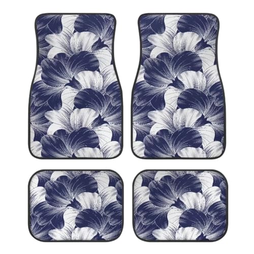 Dark Blue White Flowers Print Floral Car Floor Mats Suitable for Cars SUVs Trucks,All Weather Front & Rear Automotive Floor Mats,Universal Fit Design，4 Pieces - color: DarkBlue White Flowers