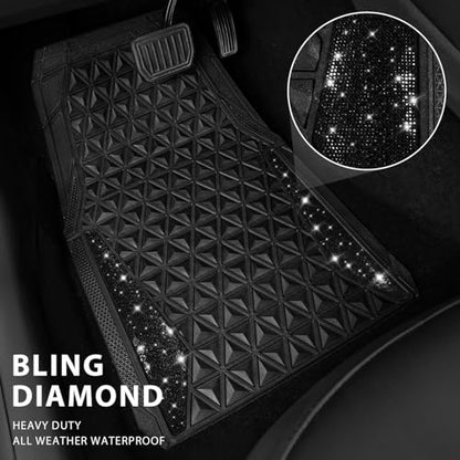 CAR PASS Bling Diamond Car Mats Rubber Floor Mats Full Set Anti-Slip 3D Rhombus Waterproof Trim to Fit Liner Universal Glitter Crystal Sparkly Shining Rhinestone Girl Women SUV Sedan, Black Diamond - color: Black Diamond