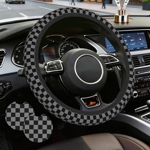 Chessboard Steering Wheel Cover,Black Grey Checkered Universal 15" Elastic Car Steering Wheel Cover with 2 PCS Car Coasters,Anti-Slip Breathable Accessories for Auto,SUVs,Truck - color: Chessboard
