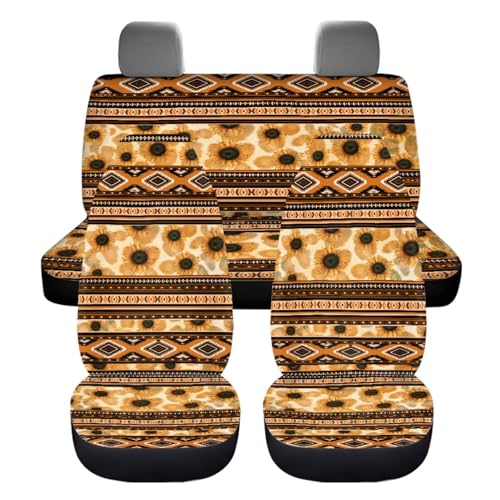 Dreaweet Aztec Sunflower Seat Covers Full Set for Women with Steering Wheel Cover/Center Console Cover/Seatbelt Cover/Car Coasters/Gear Shift Handbrake Cover,Universal Car Accessories for SUV Trucks - color: Aztec Sunflower