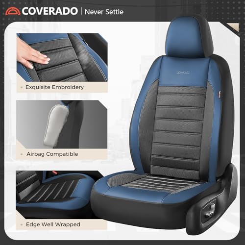 Coverado Car Seat Covers Front Seats, Luxury Leather Car Seat Covers, Automotive Mesh Seat Covers 2 Pack, Airbag-Compatible, Black Blue Seat Covers for SUV Sedan Truck - color: Blue&Black, size: FrontPair