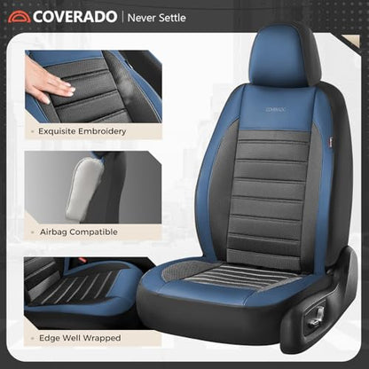 Coverado Car Seat Covers Full Set, Luxury Leather Car Seat Covers, Automotive Front and Rear Mesh Seat Covers, Full Set 5 Seats, Blue Black Seat Covers for SUV Sedan Truck - color: Blue&Black, size: FullSet