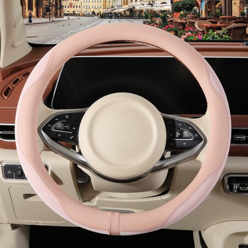 Nappa Leather Pink Steering Wheel Cover, Advanced Microfiber Leather Non-Slip Breathable Fabric, Warm in Winter and Cool in Summer, Universal 15 inch - color: Pink, size: Round-M[14.5''-15'']