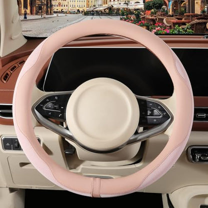 Nappa Leather Pink Steering Wheel Cover, Advanced Microfiber Leather Non-Slip Breathable Fabric, Warm in Winter and Cool in Summer, Universal 15 inch - color: Pink, size: Round-M[14.5''-15'']